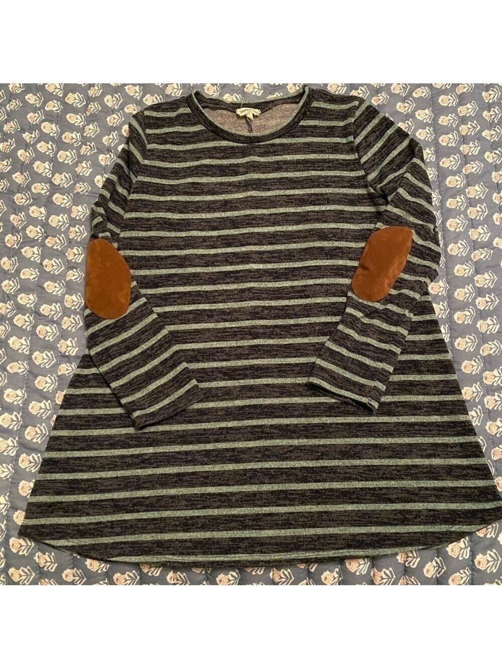 Navy blue and light blue striped elbow patch tunic sweater